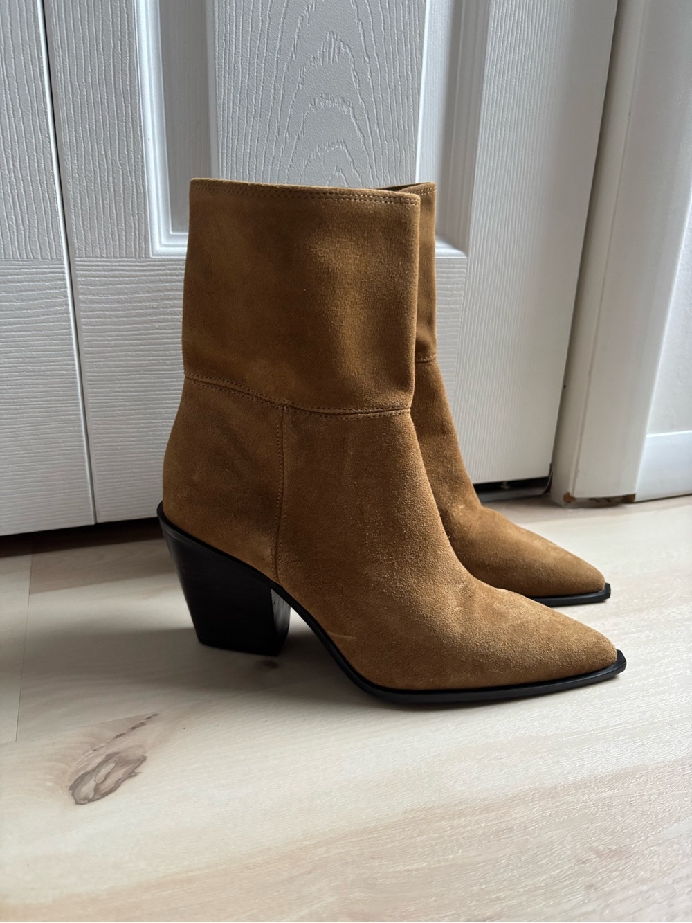 Zara Suede Pointed-Toe Ankle Boots in Brown